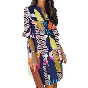 Women's Geometry Polyester V-Neck Loose Fit Short Sleeve Knee Length Shift Dress